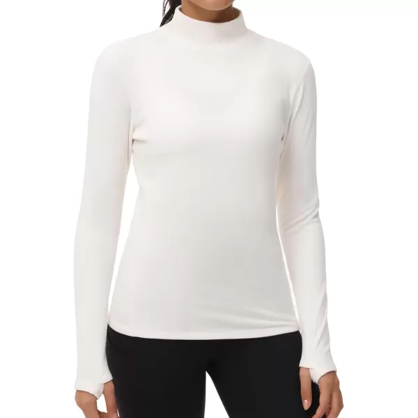 THE GYM PEOPLE Womens Mock Turtleneck Long Sleeve Shirts Fleece Thermal Underwear Pullover Tops with Thumb HoleBeige
