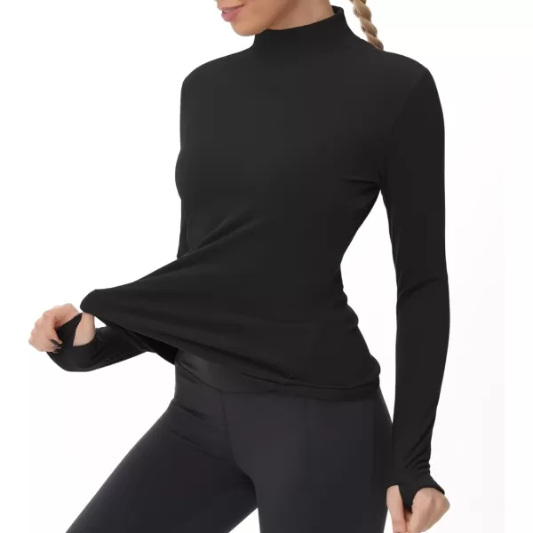 THE GYM PEOPLE Womens Mock Turtleneck Long Sleeve Shirts Fleece Thermal Underwear Pullover Tops with Thumb HoleBlack