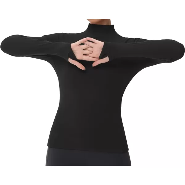 THE GYM PEOPLE Womens Mock Turtleneck Long Sleeve Shirts Fleece Thermal Underwear Pullover Tops with Thumb HoleBlack