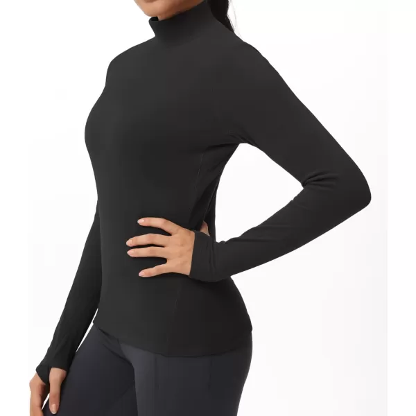 THE GYM PEOPLE Womens Mock Turtleneck Long Sleeve Shirts Fleece Thermal Underwear Pullover Tops with Thumb HoleBlack