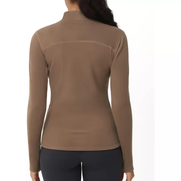 THE GYM PEOPLE Womens Mock Turtleneck Long Sleeve Shirts Fleece Thermal Underwear Pullover Tops with Thumb HoleBrown