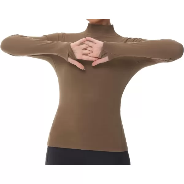 THE GYM PEOPLE Womens Mock Turtleneck Long Sleeve Shirts Fleece Thermal Underwear Pullover Tops with Thumb HoleBrown