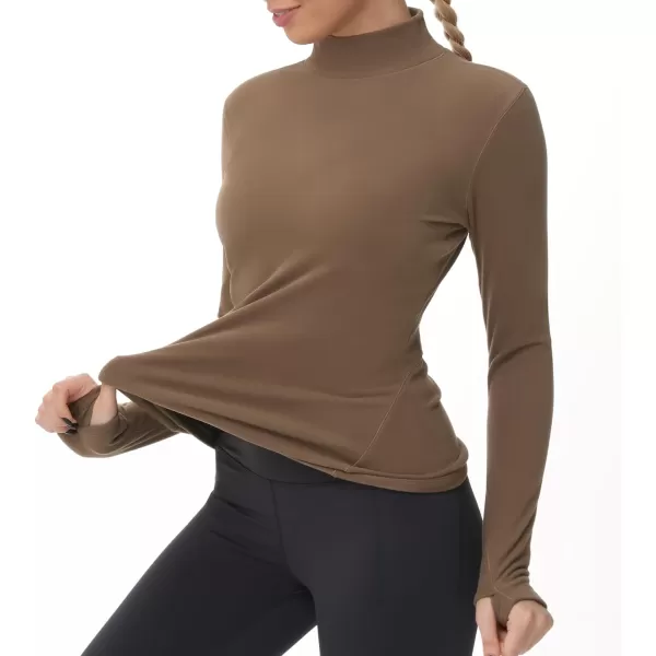 THE GYM PEOPLE Womens Mock Turtleneck Long Sleeve Shirts Fleece Thermal Underwear Pullover Tops with Thumb HoleBrown