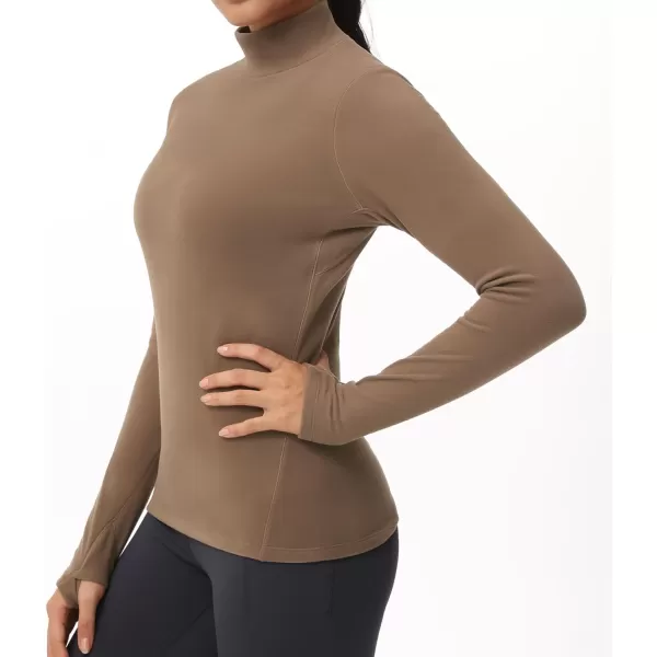 THE GYM PEOPLE Womens Mock Turtleneck Long Sleeve Shirts Fleece Thermal Underwear Pullover Tops with Thumb HoleBrown