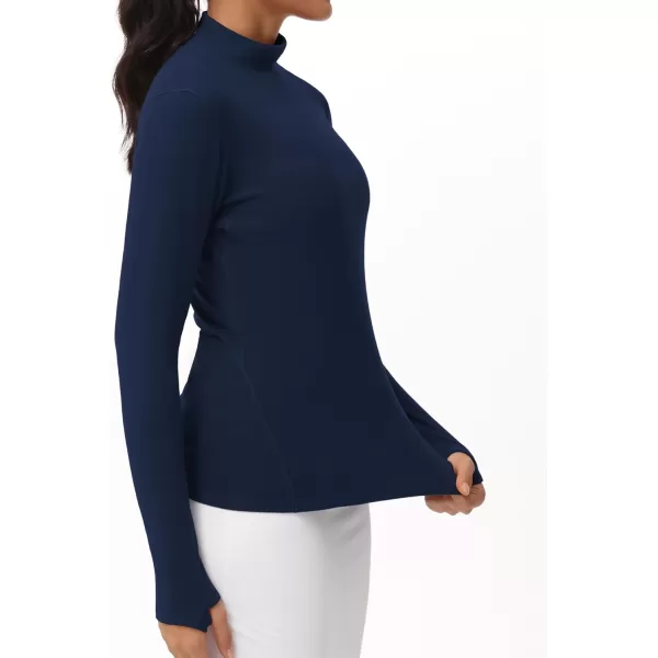 THE GYM PEOPLE Womens Mock Turtleneck Long Sleeve Shirts Fleece Thermal Underwear Pullover Tops with Thumb HoleNavy Blue