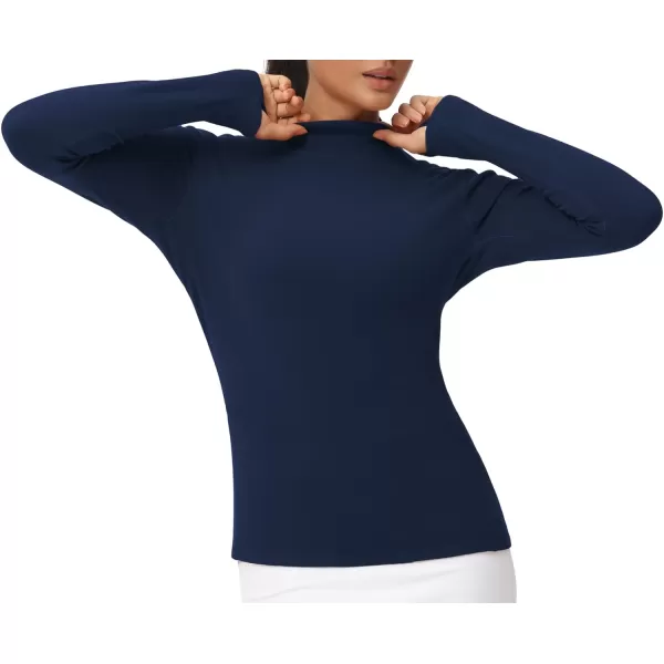 THE GYM PEOPLE Womens Mock Turtleneck Long Sleeve Shirts Fleece Thermal Underwear Pullover Tops with Thumb HoleNavy Blue