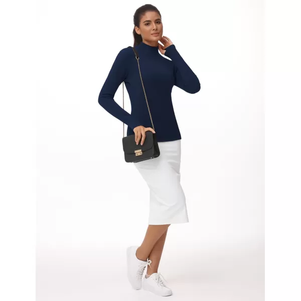 THE GYM PEOPLE Womens Mock Turtleneck Long Sleeve Shirts Fleece Thermal Underwear Pullover Tops with Thumb HoleNavy Blue