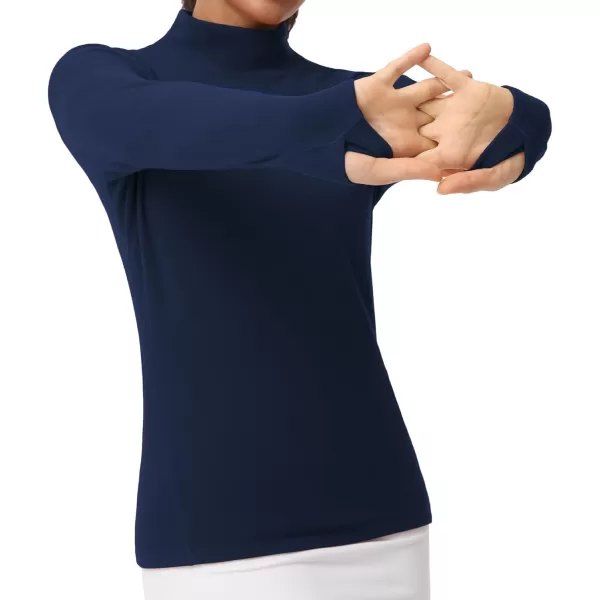 THE GYM PEOPLE Womens Mock Turtleneck Long Sleeve Shirts Fleece Thermal Underwear Pullover Tops with Thumb HoleNavy Blue