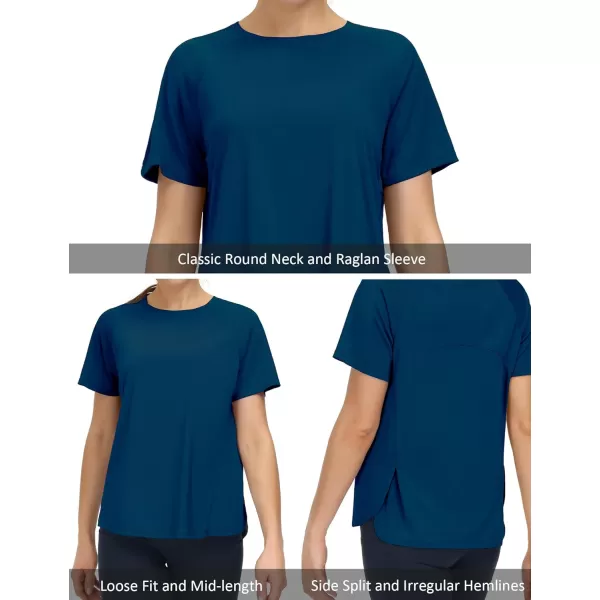 THE GYM PEOPLE Womens Short Sleeve Workout Shirts Breathable Yoga TShirts with Side Slits Athletic Tee TopsDark Blue Green