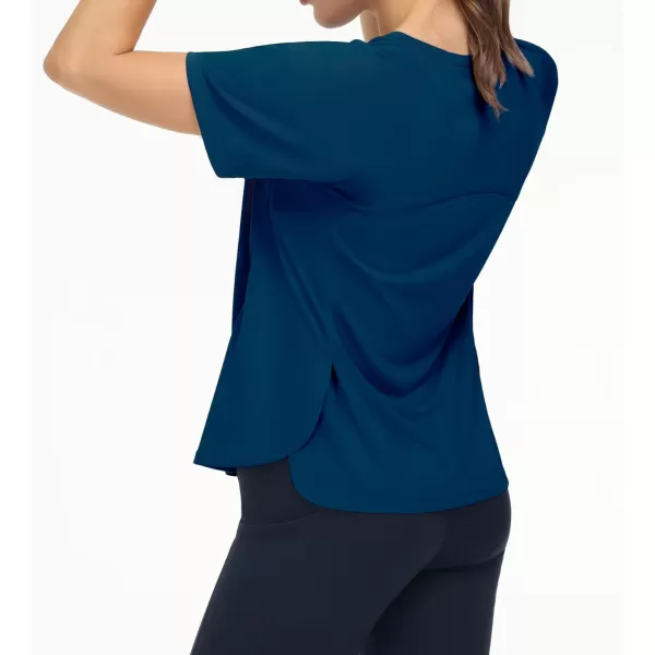 THE GYM PEOPLE Womens Short Sleeve Workout Shirts Breathable Yoga TShirts with Side Slits Athletic Tee TopsDark Blue Green