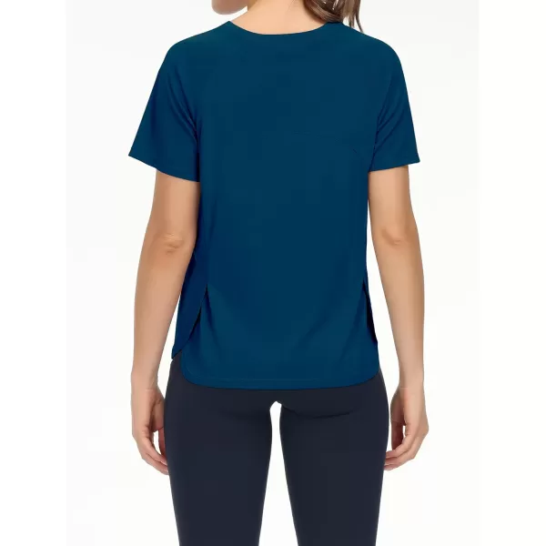 THE GYM PEOPLE Womens Short Sleeve Workout Shirts Breathable Yoga TShirts with Side Slits Athletic Tee TopsDark Blue Green