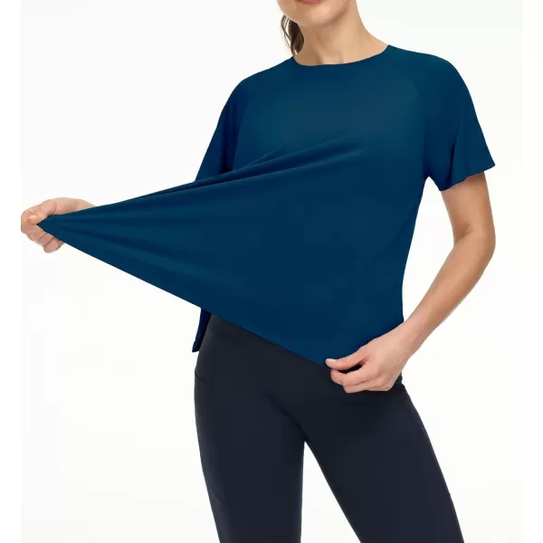 THE GYM PEOPLE Womens Short Sleeve Workout Shirts Breathable Yoga TShirts with Side Slits Athletic Tee TopsDark Blue Green