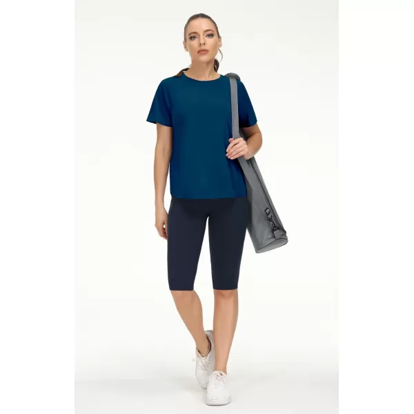 THE GYM PEOPLE Womens Short Sleeve Workout Shirts Breathable Yoga TShirts with Side Slits Athletic Tee TopsDark Blue Green