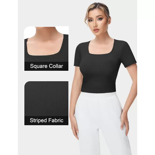 THE GYM PEOPLE Womens Square Neck Crop Tops Short Sleeve Ribbed Ice Silk Fabric Slim fit Workout TShirtBlack