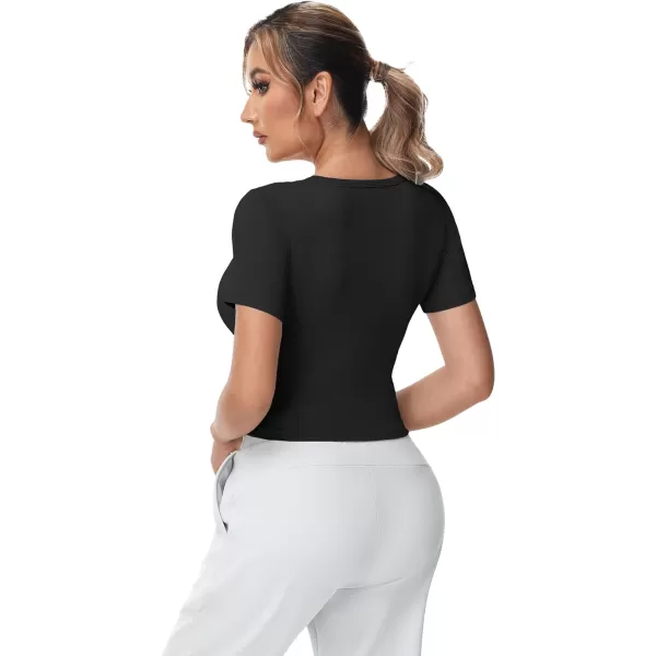 THE GYM PEOPLE Womens Square Neck Crop Tops Short Sleeve Ribbed Ice Silk Fabric Slim fit Workout TShirtBlack