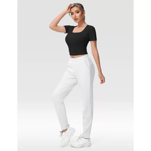 THE GYM PEOPLE Womens Square Neck Crop Tops Short Sleeve Ribbed Ice Silk Fabric Slim fit Workout TShirtBlack