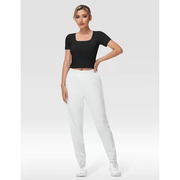 THE GYM PEOPLE Womens Square Neck Crop Tops Short Sleeve Ribbed Ice Silk Fabric Slim fit Workout TShirtBlack