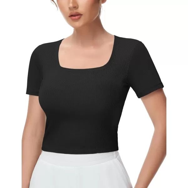 THE GYM PEOPLE Womens Square Neck Crop Tops Short Sleeve Ribbed Ice Silk Fabric Slim fit Workout TShirtBlack