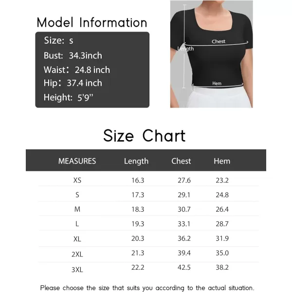 THE GYM PEOPLE Womens Square Neck Crop Tops Short Sleeve Ribbed Ice Silk Fabric Slim fit Workout TShirtBlack