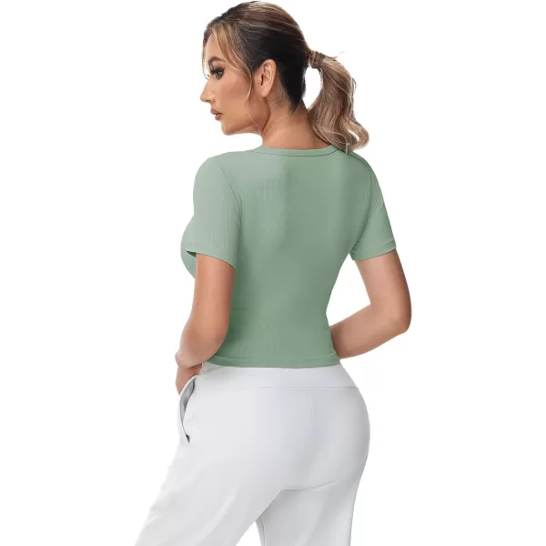 THE GYM PEOPLE Womens Square Neck Crop Tops Short Sleeve Ribbed Ice Silk Fabric Slim fit Workout TShirtJasmine Green