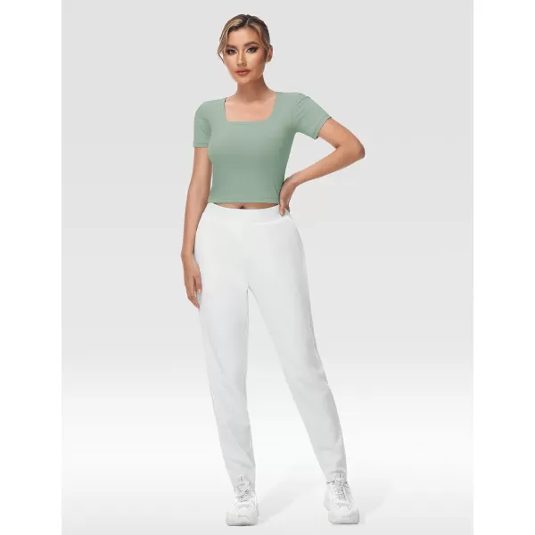 THE GYM PEOPLE Womens Square Neck Crop Tops Short Sleeve Ribbed Ice Silk Fabric Slim fit Workout TShirtJasmine Green