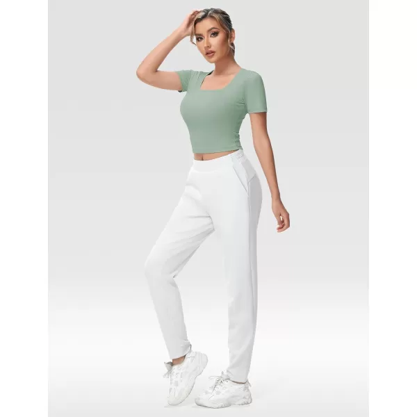 THE GYM PEOPLE Womens Square Neck Crop Tops Short Sleeve Ribbed Ice Silk Fabric Slim fit Workout TShirtJasmine Green