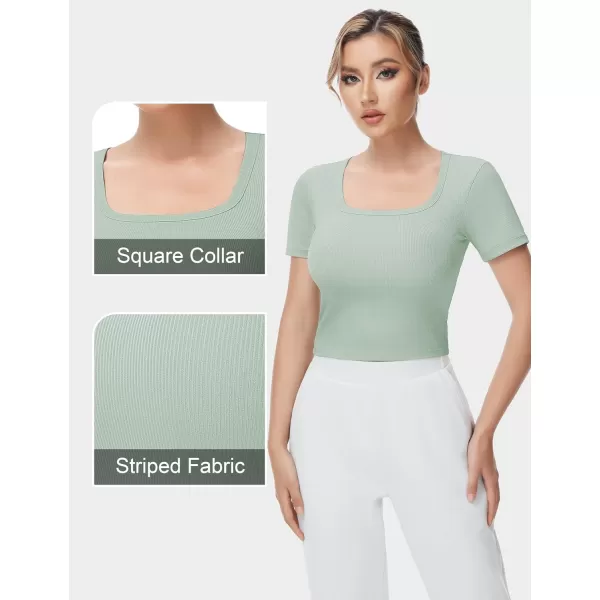 THE GYM PEOPLE Womens Square Neck Crop Tops Short Sleeve Ribbed Ice Silk Fabric Slim fit Workout TShirtJasmine Green