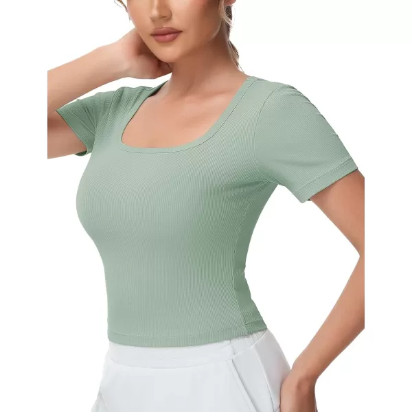 THE GYM PEOPLE Womens Square Neck Crop Tops Short Sleeve Ribbed Ice Silk Fabric Slim fit Workout TShirtJasmine Green