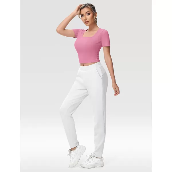 THE GYM PEOPLE Womens Square Neck Crop Tops Short Sleeve Ribbed Ice Silk Fabric Slim fit Workout TShirtPink