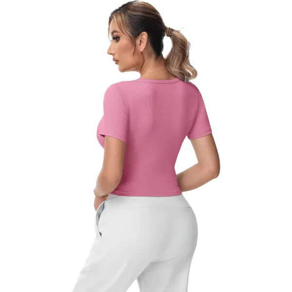 THE GYM PEOPLE Womens Square Neck Crop Tops Short Sleeve Ribbed Ice Silk Fabric Slim fit Workout TShirtPink
