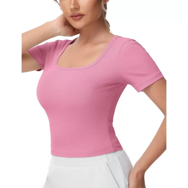 THE GYM PEOPLE Womens Square Neck Crop Tops Short Sleeve Ribbed Ice Silk Fabric Slim fit Workout TShirtPink