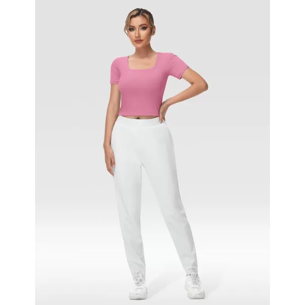 THE GYM PEOPLE Womens Square Neck Crop Tops Short Sleeve Ribbed Ice Silk Fabric Slim fit Workout TShirtPink