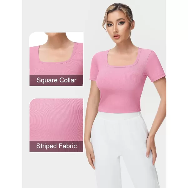 THE GYM PEOPLE Womens Square Neck Crop Tops Short Sleeve Ribbed Ice Silk Fabric Slim fit Workout TShirtPink