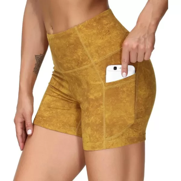 THE GYM PEOPLE High Waist Yoga Shorts for WomensnbspTummy Control Fitness Athletic Workout Running Shorts with Deep PocketsTie Dye Yellow