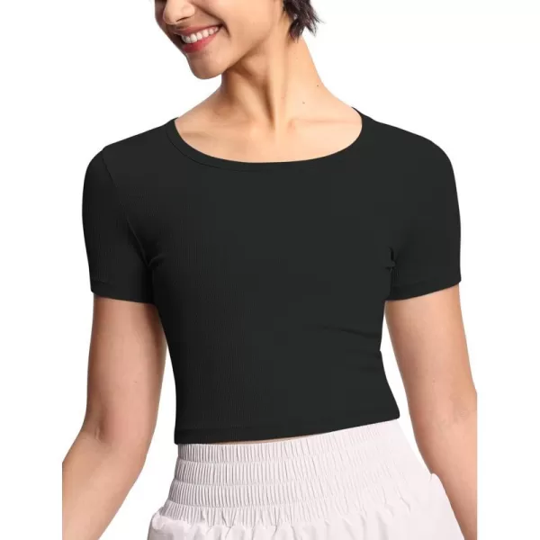THE GYM PEOPLE Womens Cute Crop TShirts Short Sleeve Ribbed Ice Silk Slim Fit Casual Tee TopsBlack