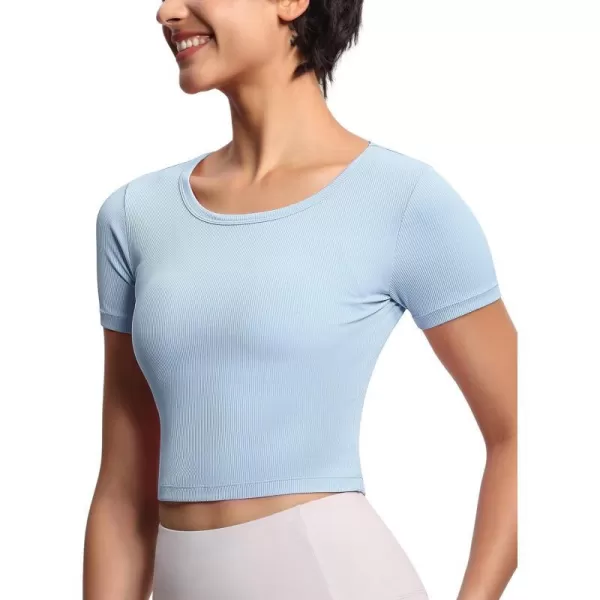 THE GYM PEOPLE Womens Cute Crop TShirts Short Sleeve Ribbed Ice Silk Slim Fit Casual Tee TopsLight Blue