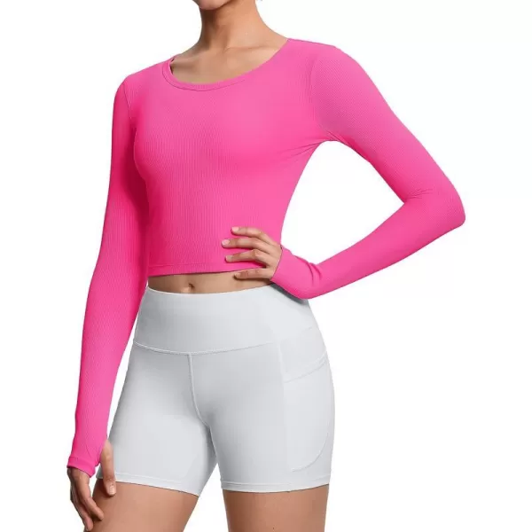 THE GYM PEOPLE Womens Long Sleeve Crop Tops Ribbed Ice Silk Slim Workout Shirts with Thumb HoleBright Pink