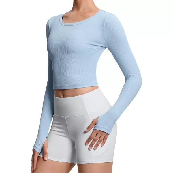 THE GYM PEOPLE Womens Long Sleeve Crop Tops Ribbed Ice Silk Slim Workout Shirts with Thumb HoleLight Blue