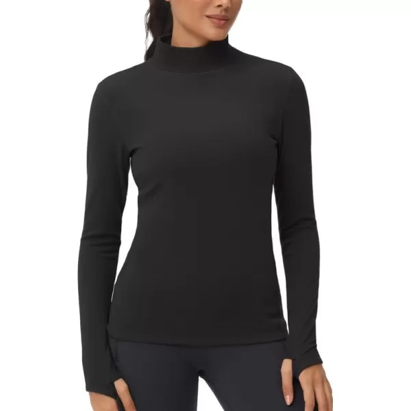 THE GYM PEOPLE Womens Mock Turtleneck Long Sleeve Shirts Fleece Thermal Underwear Pullover Tops with Thumb HoleBlack