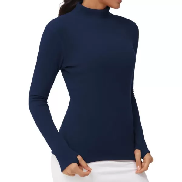 THE GYM PEOPLE Womens Mock Turtleneck Long Sleeve Shirts Fleece Thermal Underwear Pullover Tops with Thumb HoleNavy Blue
