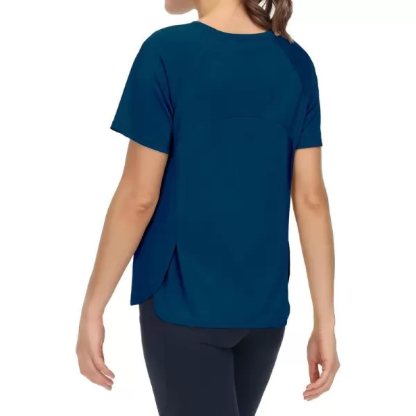 THE GYM PEOPLE Womens Short Sleeve Workout Shirts Breathable Yoga TShirts with Side Slits Athletic Tee TopsDark Blue Green