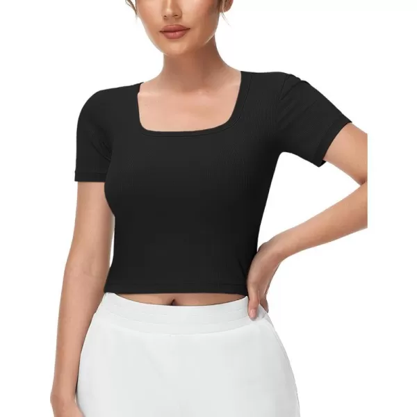 THE GYM PEOPLE Womens Square Neck Crop Tops Short Sleeve Ribbed Ice Silk Fabric Slim fit Workout TShirtBlack