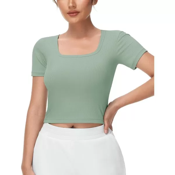 THE GYM PEOPLE Womens Square Neck Crop Tops Short Sleeve Ribbed Ice Silk Fabric Slim fit Workout TShirtJasmine Green