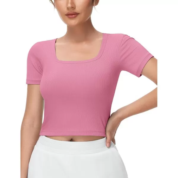 THE GYM PEOPLE Womens Square Neck Crop Tops Short Sleeve Ribbed Ice Silk Fabric Slim fit Workout TShirtPink
