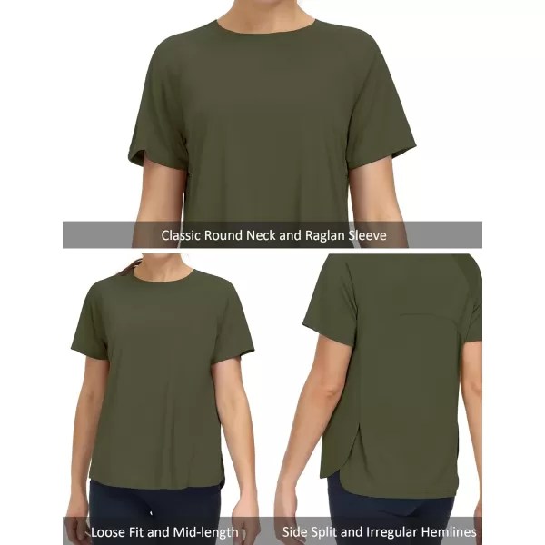 THE GYM PEOPLE Womens Short Sleeve Workout Shirts Breathable Yoga TShirts with Side Slits Athletic Tee TopsArmy Green
