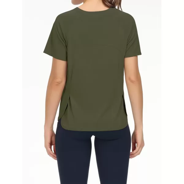 THE GYM PEOPLE Womens Short Sleeve Workout Shirts Breathable Yoga TShirts with Side Slits Athletic Tee TopsArmy Green