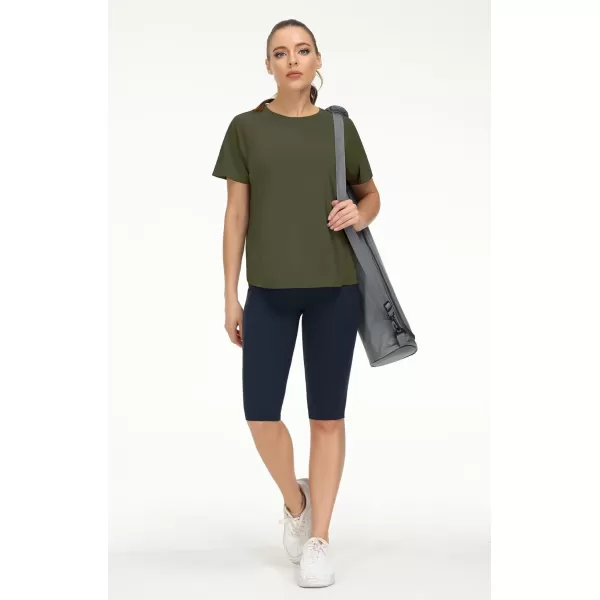 THE GYM PEOPLE Womens Short Sleeve Workout Shirts Breathable Yoga TShirts with Side Slits Athletic Tee TopsArmy Green