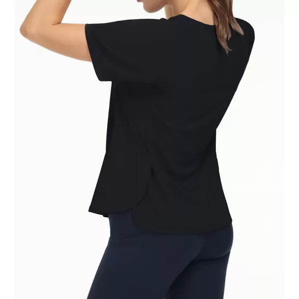 THE GYM PEOPLE Womens Short Sleeve Workout Shirts Breathable Yoga TShirts with Side Slits Athletic Tee TopsBlack