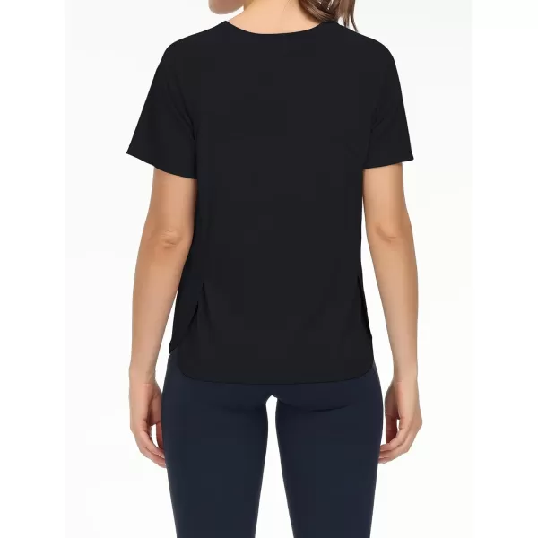 THE GYM PEOPLE Womens Short Sleeve Workout Shirts Breathable Yoga TShirts with Side Slits Athletic Tee TopsBlack