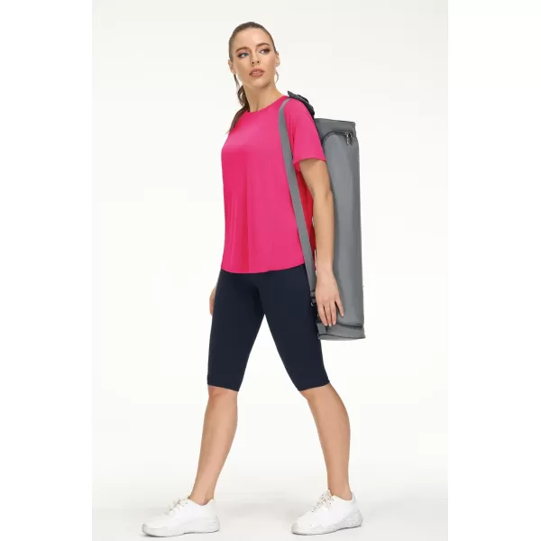 THE GYM PEOPLE Womens Short Sleeve Workout Shirts Breathable Yoga TShirts with Side Slits Athletic Tee TopsBright Pink